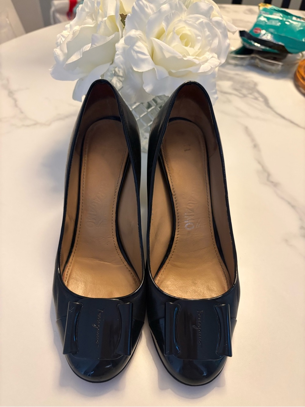 Salvatore Ferragamo Black Patent Leather Vara Bow Pumps